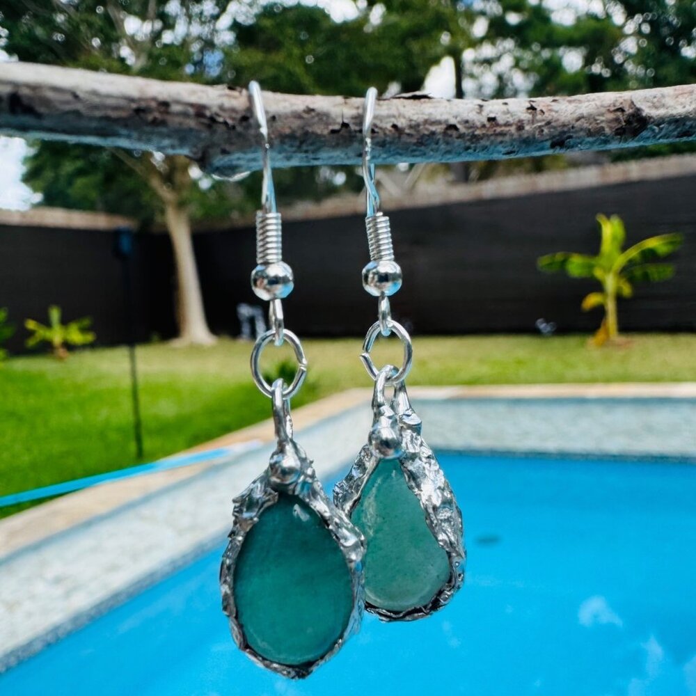 Green Aventurine Teardrop Earrings With Artisan Silver Blend  Bezels & 925 Hooks